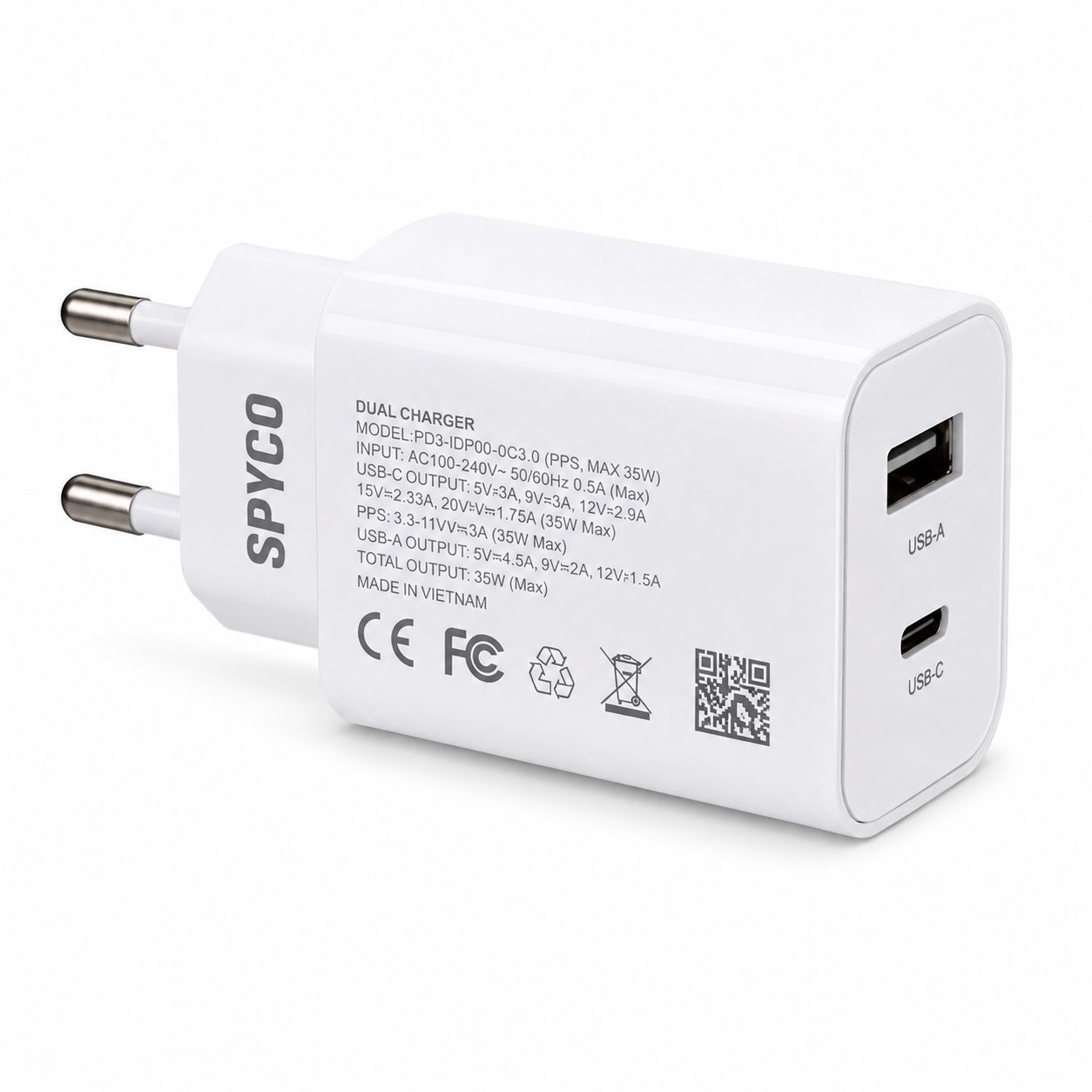SPYCO 35W Dual Port Fast Charger USB-C + USB-A Travel Adapter