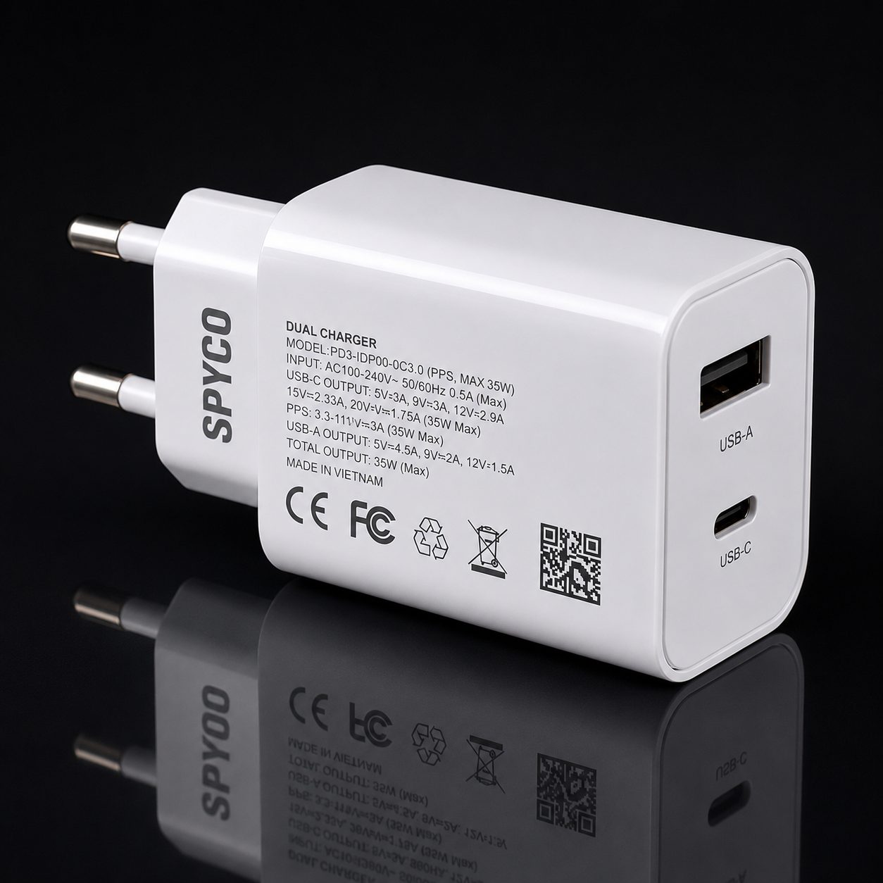 SPYCO 35W Dual Port Fast Charger USB-C + USB-A Travel Adapter