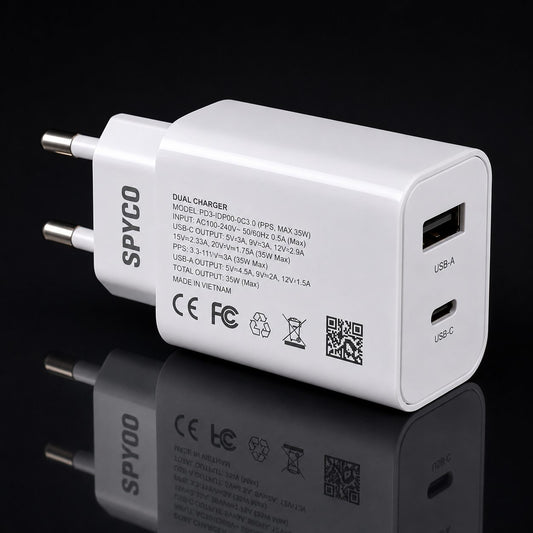 SPYCO 35W Dual Port Fast Charger USB-C + USB-A Travel Adapter