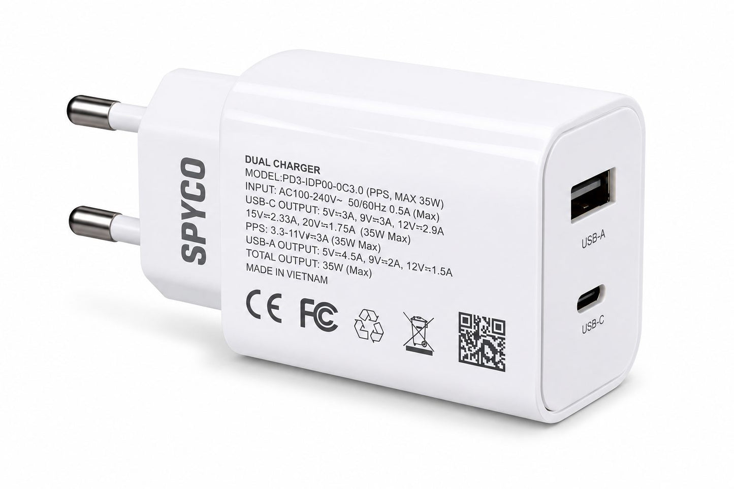 SPYCO 35W Dual Port Fast Charger USB-C + USB-A Travel Adapter