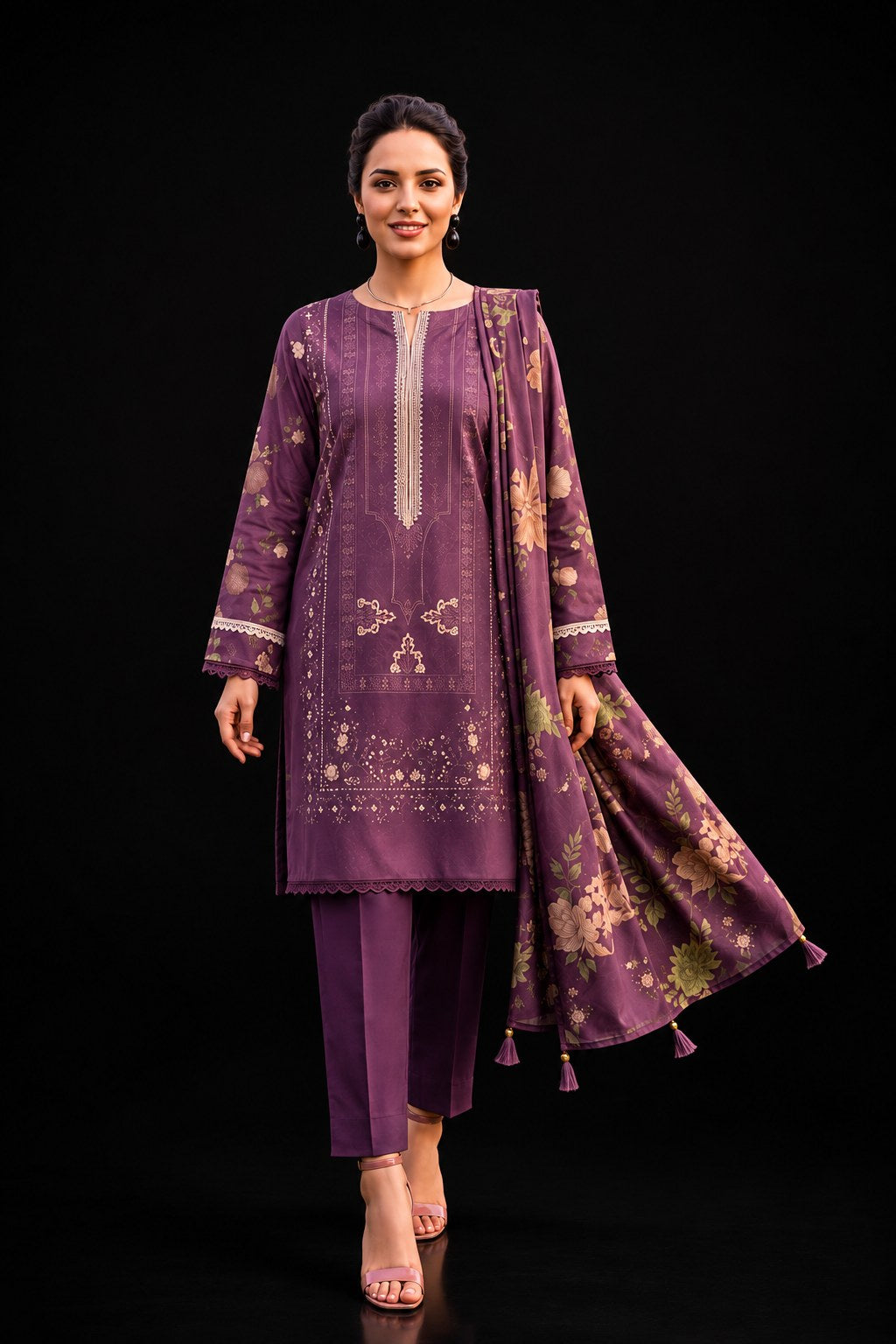 A woman modeling a three-piece traditional outfit in deep purple with gold floral patterns and white embroidery, set against a solid black background.