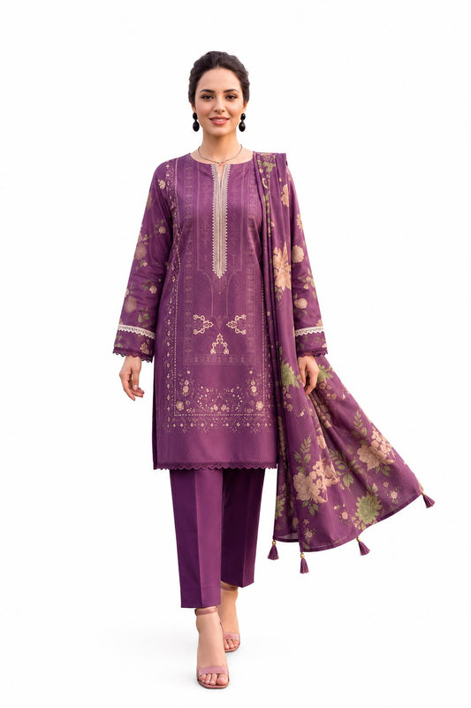 A woman modeling a three-piece traditional outfit in purple, featuring a long-sleeve kurta with gold embroidery, matching trousers, and a printed dupatta, set against a plain white background.