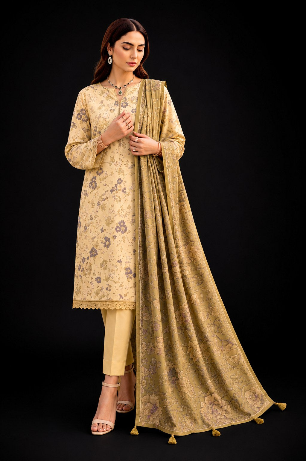 A woman modeling a traditional Indian salwar kameez suit in beige and gold. The outfit features a beige kurta with gold floral patterns, matching beige trousers, and a long gold brocade dupatta draped over her shoulder, set against a solid black background.