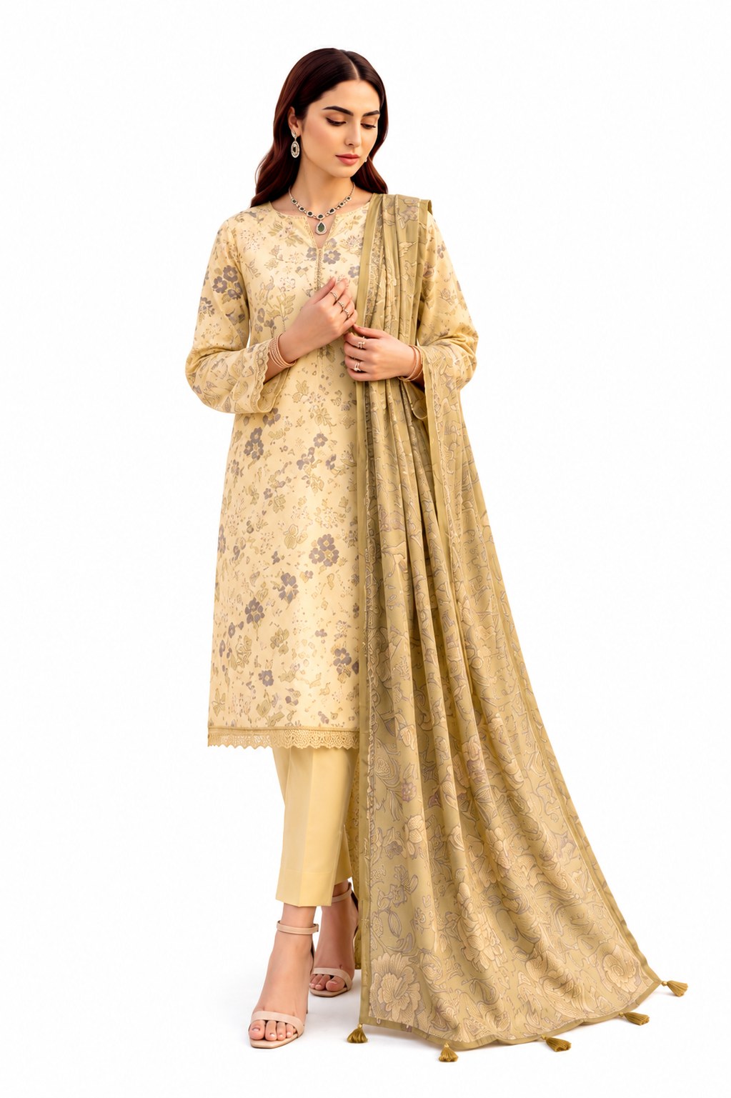 A woman modeling a traditional three-piece salwar kameez suit in beige with gold floral embroidery, featuring a long-sleeve kurta, matching trousers, and a draped dupatta with tassels, set against a plain white background.