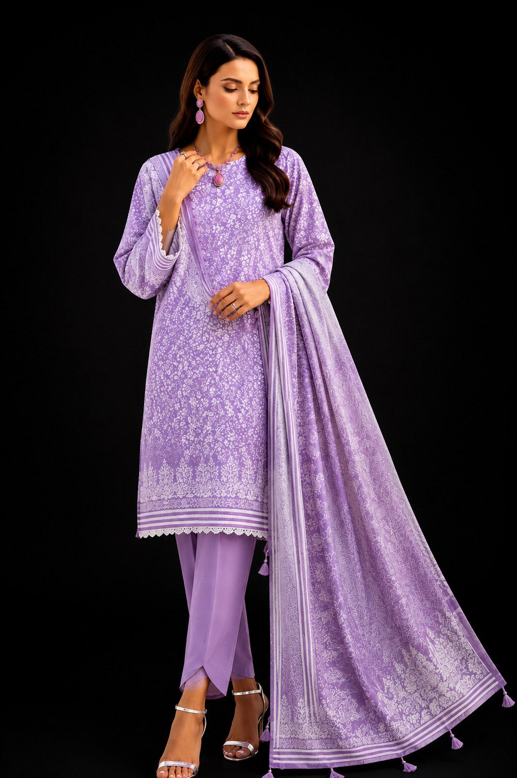 A woman modeling a lavender purple traditional three-piece suit set with intricate embroidery, matching trousers, and a draped dupatta, set against a solid black background.