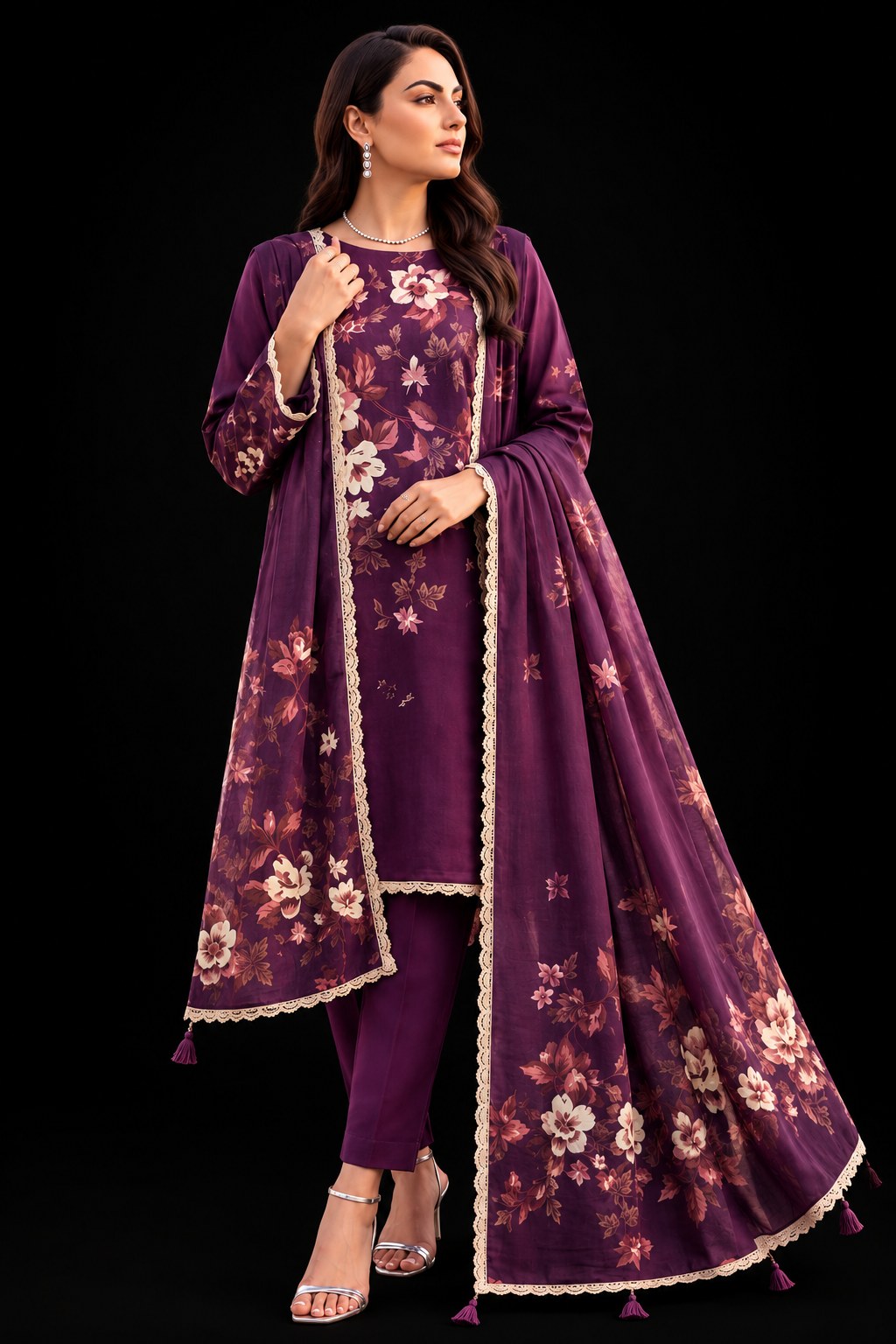 A woman models a traditional South Asian outfit consisting of a deep purple kurta with floral embroidery, matching trousers, and a coordinating dupatta, set against a solid black background.
