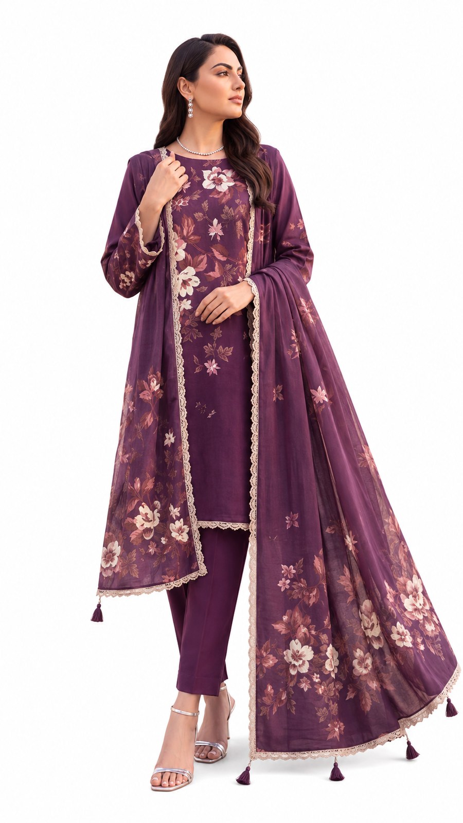 A woman modeling a traditional three-piece salwar kameez set in deep purple. The set features a printed floral long kurta, matching trousers, and a coordinating dupatta with beige border trim and tassels, shown against a plain white background.