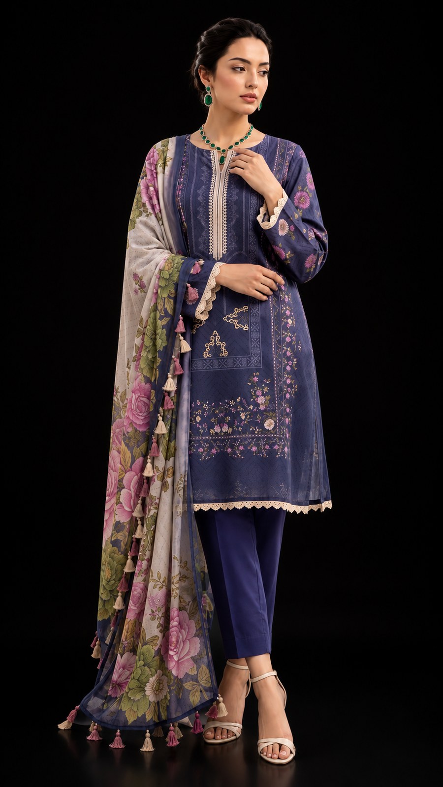 A woman modeling a traditional three-piece salwar kameez suit in navy blue with floral embroidery, paired with a multicolor floral printed dupatta and navy trousers, set against a solid black background.