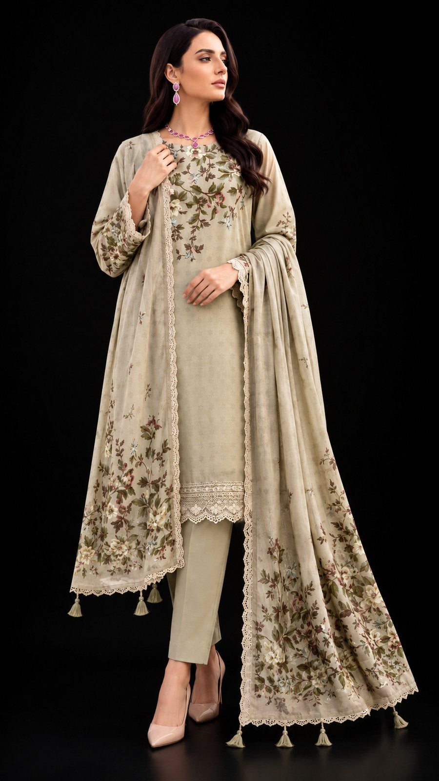 A woman models a traditional three-piece beige ethnic suit with floral embroidery, featuring a long kurta, matching trousers, and a draped dupatta, set against a solid black background.