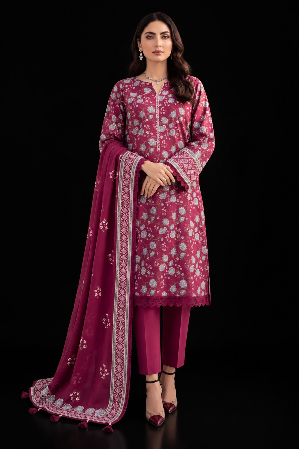 A woman modeling a traditional three-piece salwar kameez suit in magenta pink, featuring a floral print kurta, matching trousers, and a coordinating dupatta with white border detailing, set against a solid black background.