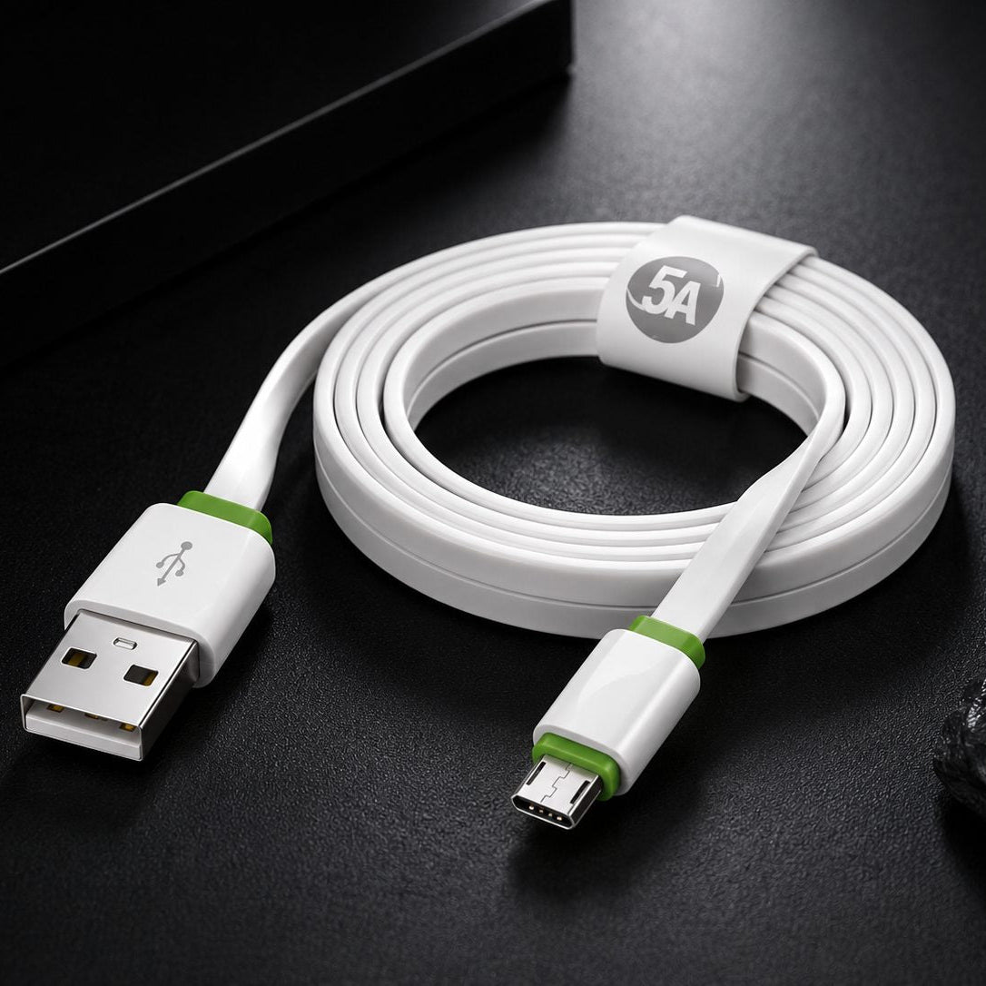 A coiled white USB to Micro-USB charging cable with green accent rings and a white loop label featuring a '5A' logo, displayed on a dark textured surface.