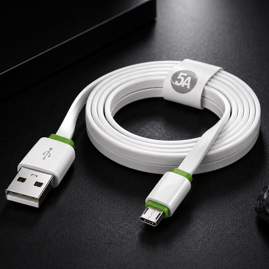 A coiled white USB to Micro-USB charging cable with green accent rings and a white loop label featuring a '5A' logo, displayed on a dark textured surface.