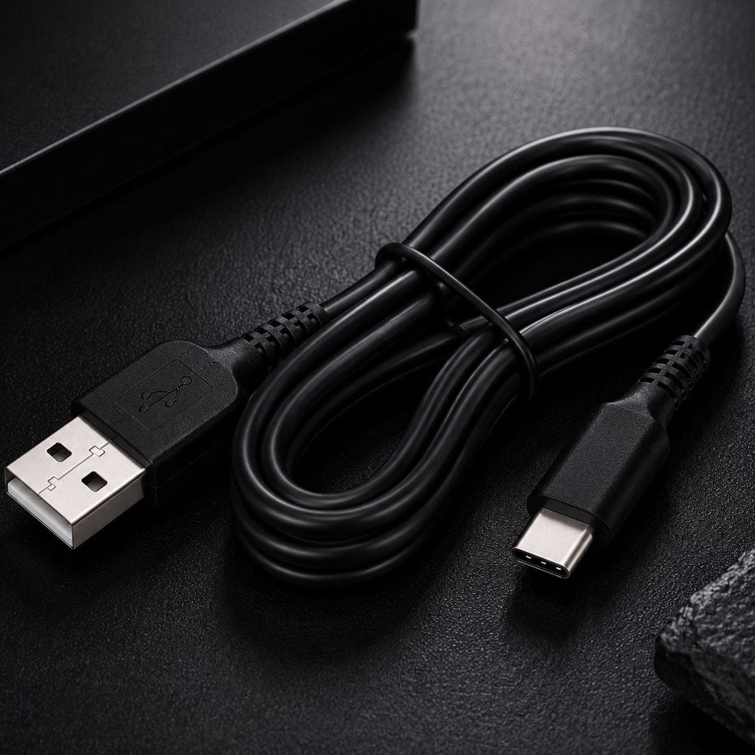 A black USB-C to USB-A charging cable coiled on a dark textured surface, with one connector showing a silver metal USB-A plug and the other showing a black USB-C plug.