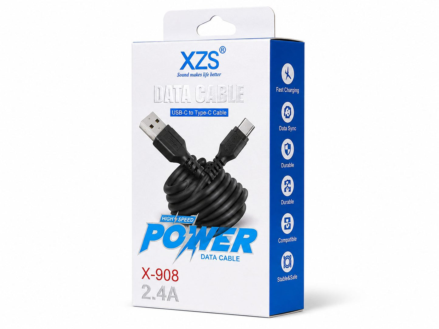 XZS X-908 USB-C to Type-C Data Cable – 2.4A Fast Charging Cable