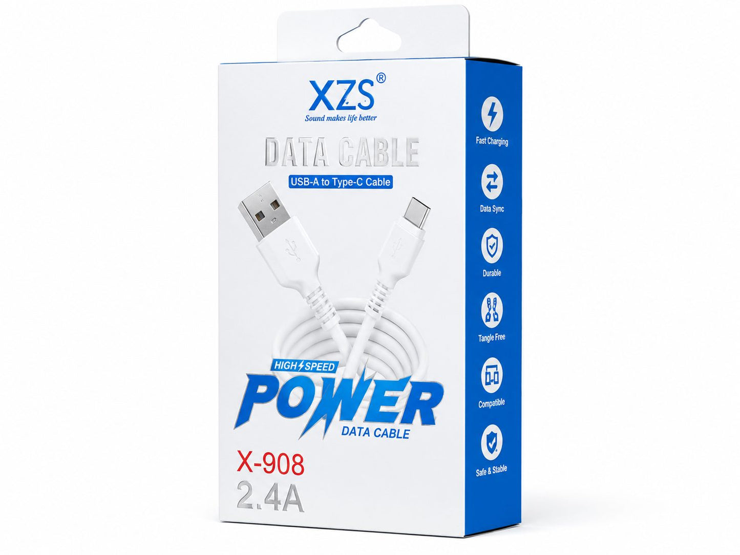 XZS X-908 USB-A to Type-C Data Cable – 2.4A Fast Charging Cable (White)
