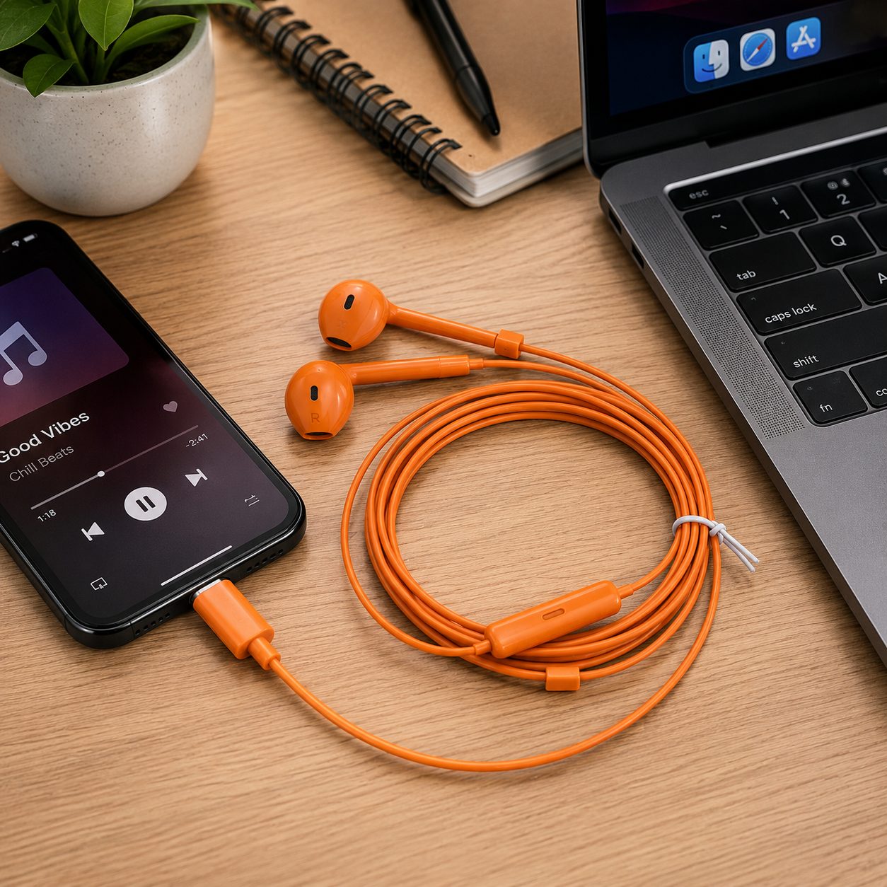Orange USB Type-C Wired Earphones with Microphone
