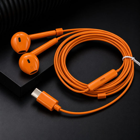 Orange USB Type-C Wired Earphones with Microphone