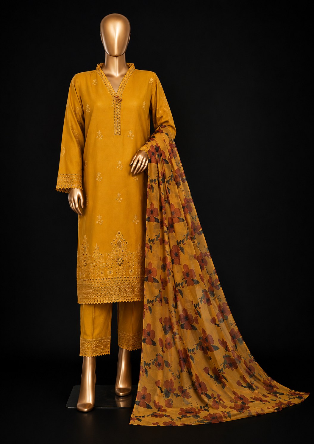 A mustard yellow three-piece men's traditional outfit displayed on a metallic gold mannequin against a solid black background. The set includes a long-sleeved kurta with embroidered details, matching trousers, and a floral print dupatta.