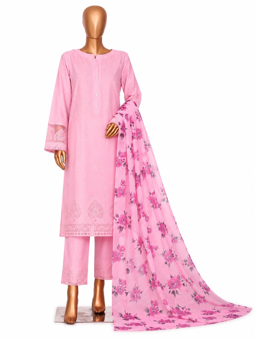 A pink three-piece traditional outfit displayed on a metallic mannequin, featuring a long-sleeve embroidered kurta, matching pants, and a floral printed dupatta against a plain white background.