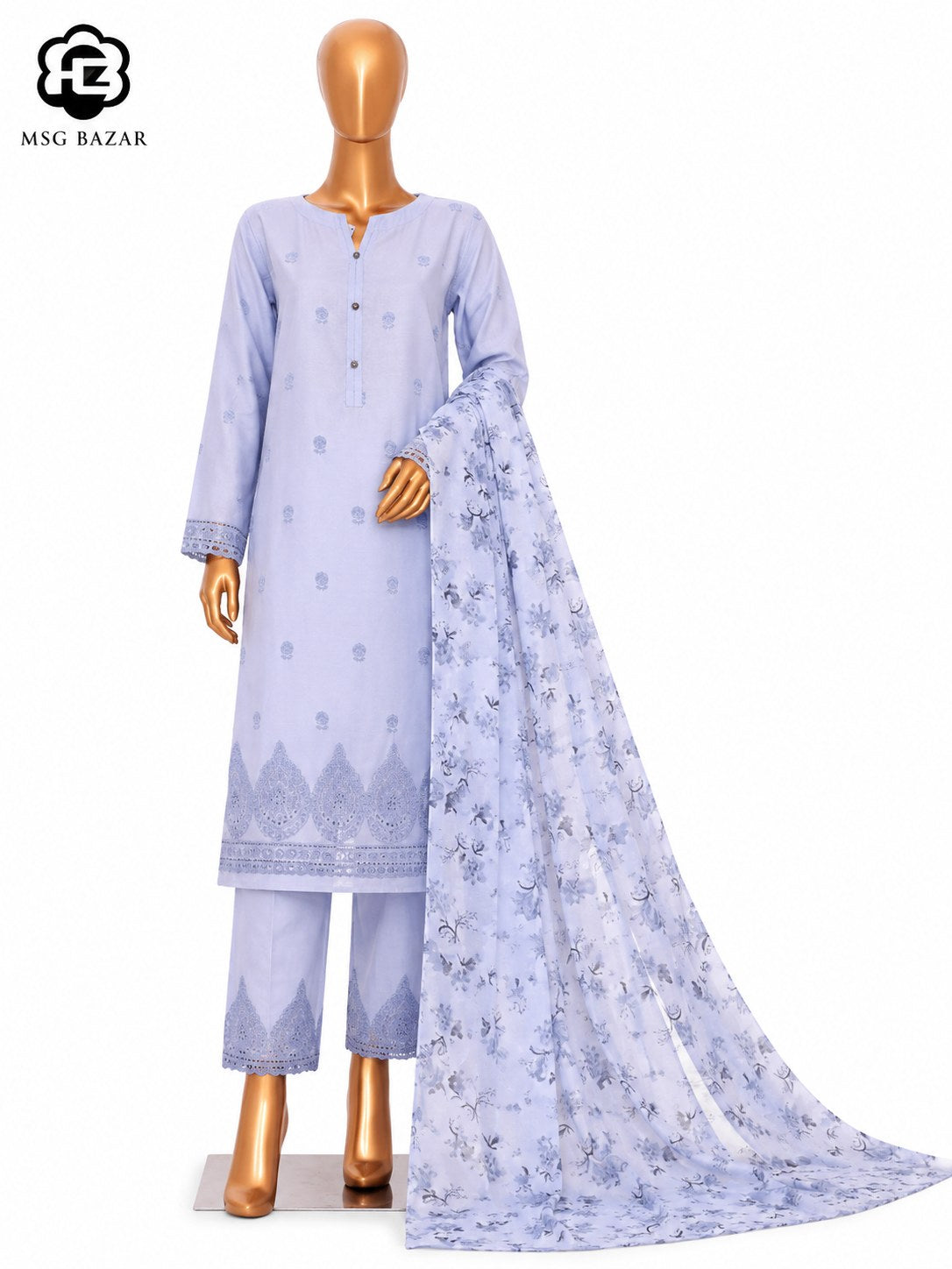 A light lavender blue 3-piece unstitched salwar kameez suit set displayed on a gold mannequin. The set includes a long-sleeve kurta with embroidered borders, matching trousers, and a sheer dupatta with a floral print.