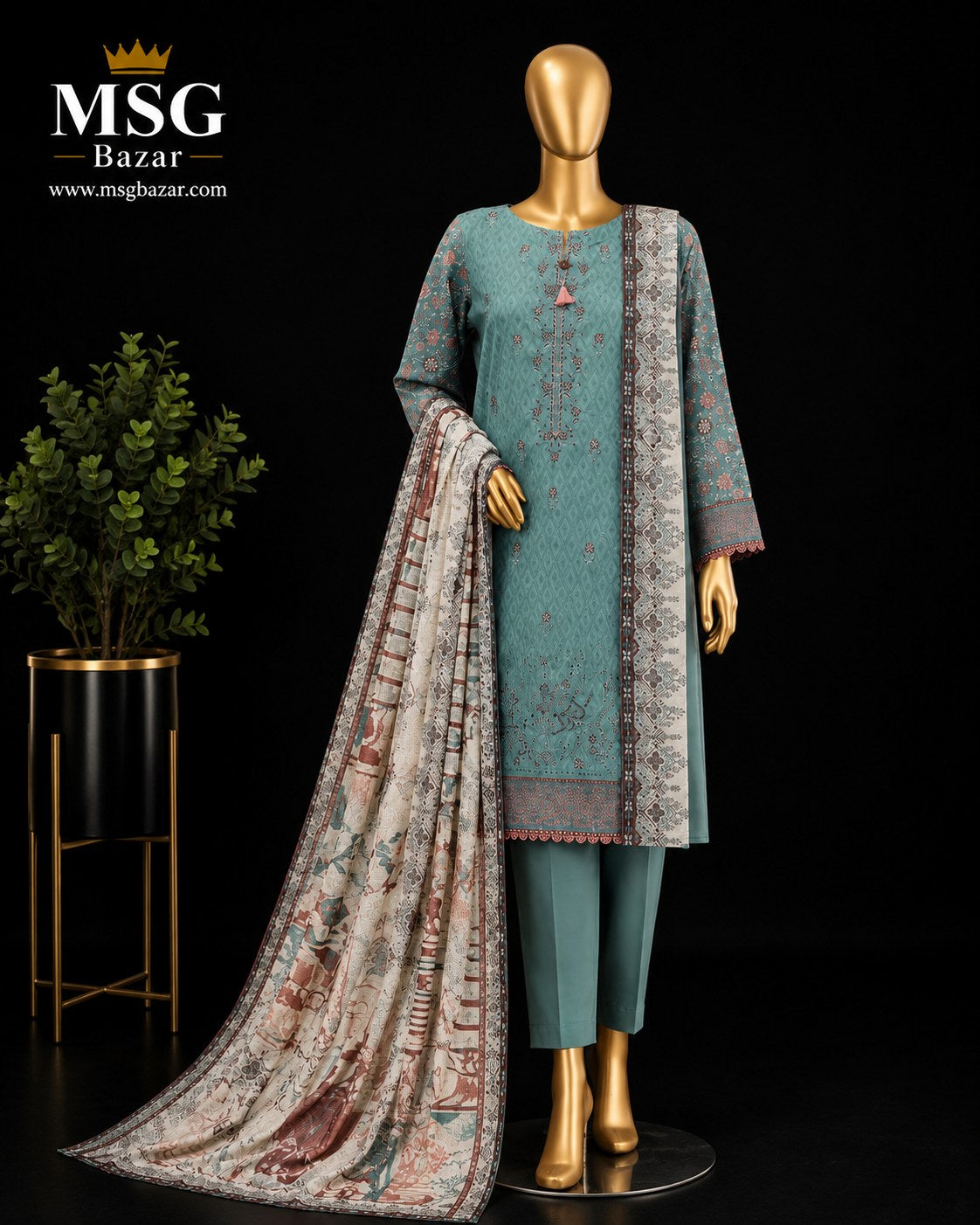 A three-piece men's ethnic suit displayed on a gold mannequin against a black background. The set includes a teal kurta with intricate embroidery, matching teal trousers, and a beige printed dupatta.