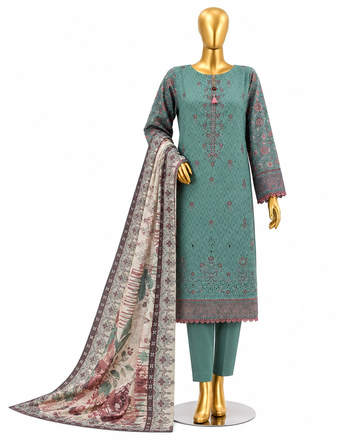 A three-piece women's salwar kameez suit set displayed on a gold mannequin. The set includes a teal green printed kameez tunic with floral embroidery, matching teal pants, and a beige dupatta with a multicolor floral and geometric border print.