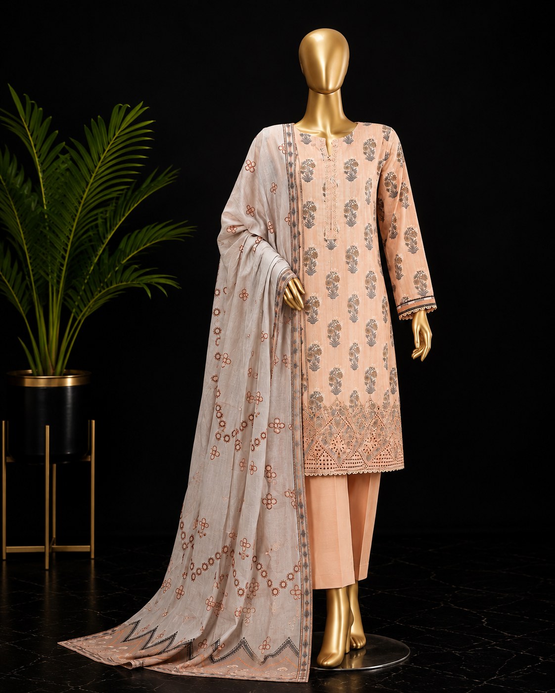 A peach-colored three-piece ethnic suit set displayed on a gold mannequin, featuring a printed kurta, matching trousers, and a sheer dupatta, set against a black background with a decorative plant on the left.