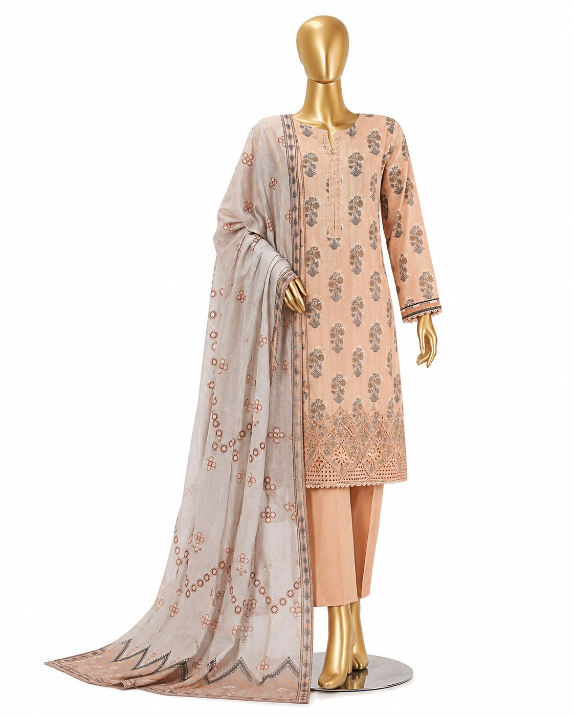 A peach-colored three-piece women's suit set displayed on a gold mannequin. The set includes a printed kurta with matching embroidered border, straight-fit pants, and a sheer printed dupatta.
