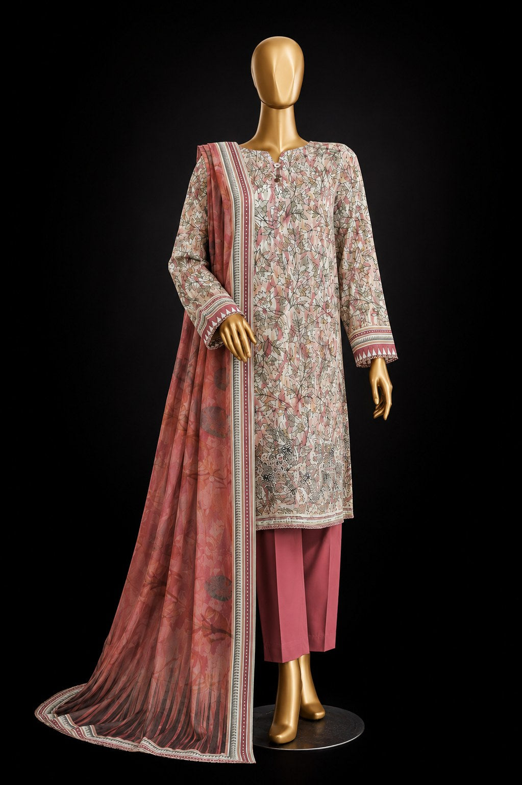 A traditional three-piece unstitched salwar kameez suit displayed on a gold mannequin against a black background. The set includes a beige kurta heavily embroidered with pink and green floral patterns, dusty rose trousers, and a matching dusty rose dupatta with a white and pink border.