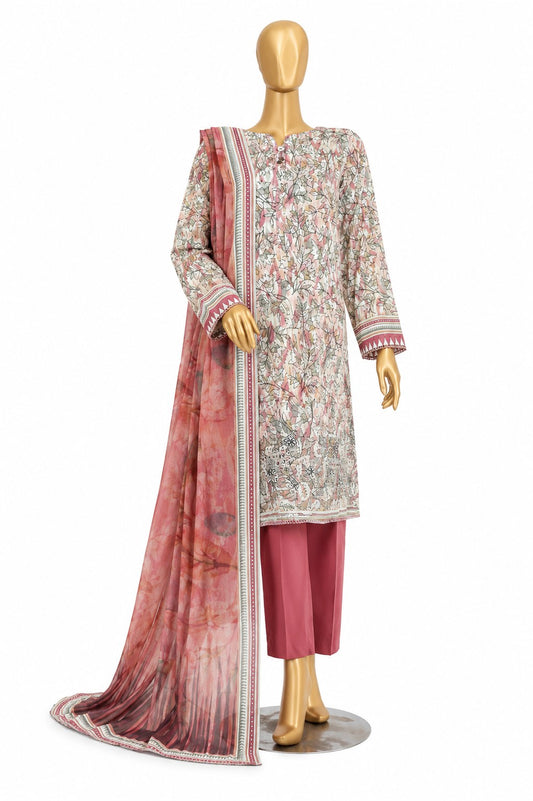 A three-piece men's traditional outfit displayed on a gold mannequin, featuring a beige floral printed kurta, dusty rose pants, and a matching dusty rose printed dupatta with a white border.