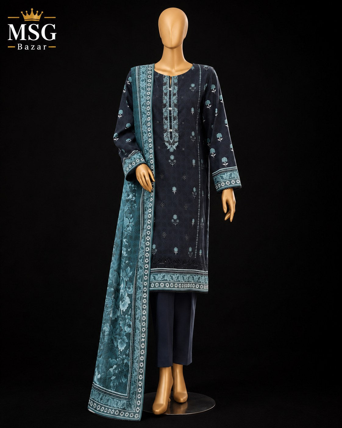 A three-piece men's traditional outfit displayed on a mannequin against a black background. The set includes a dark navy blue kurta with light blue floral prints and embroidery, matching navy trousers, and a teal dupatta with intricate blue borders and floral motifs.
