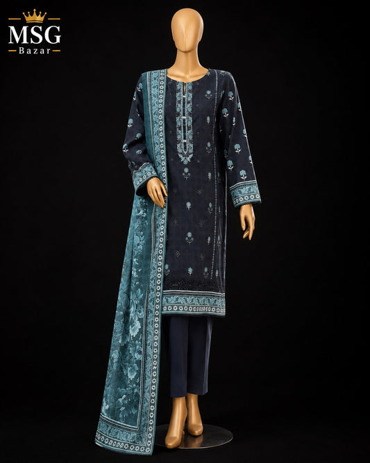 A three-piece men's traditional outfit displayed on a mannequin against a black background. The set includes a dark navy blue kurta with light blue floral prints and embroidery, matching navy trousers, and a teal dupatta with intricate blue borders and floral motifs.