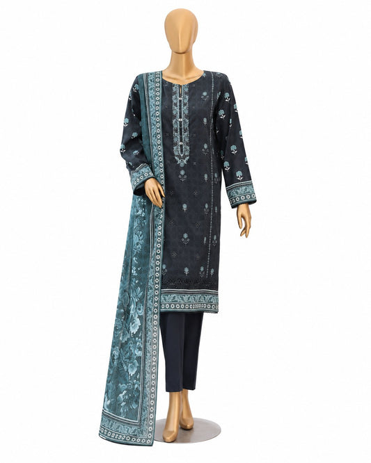 A three-piece men's traditional outfit displayed on a wooden mannequin, featuring a dark charcoal gray kurta with light blue floral prints and embroidery, matching dark trousers, and a teal dupatta with a detailed border.