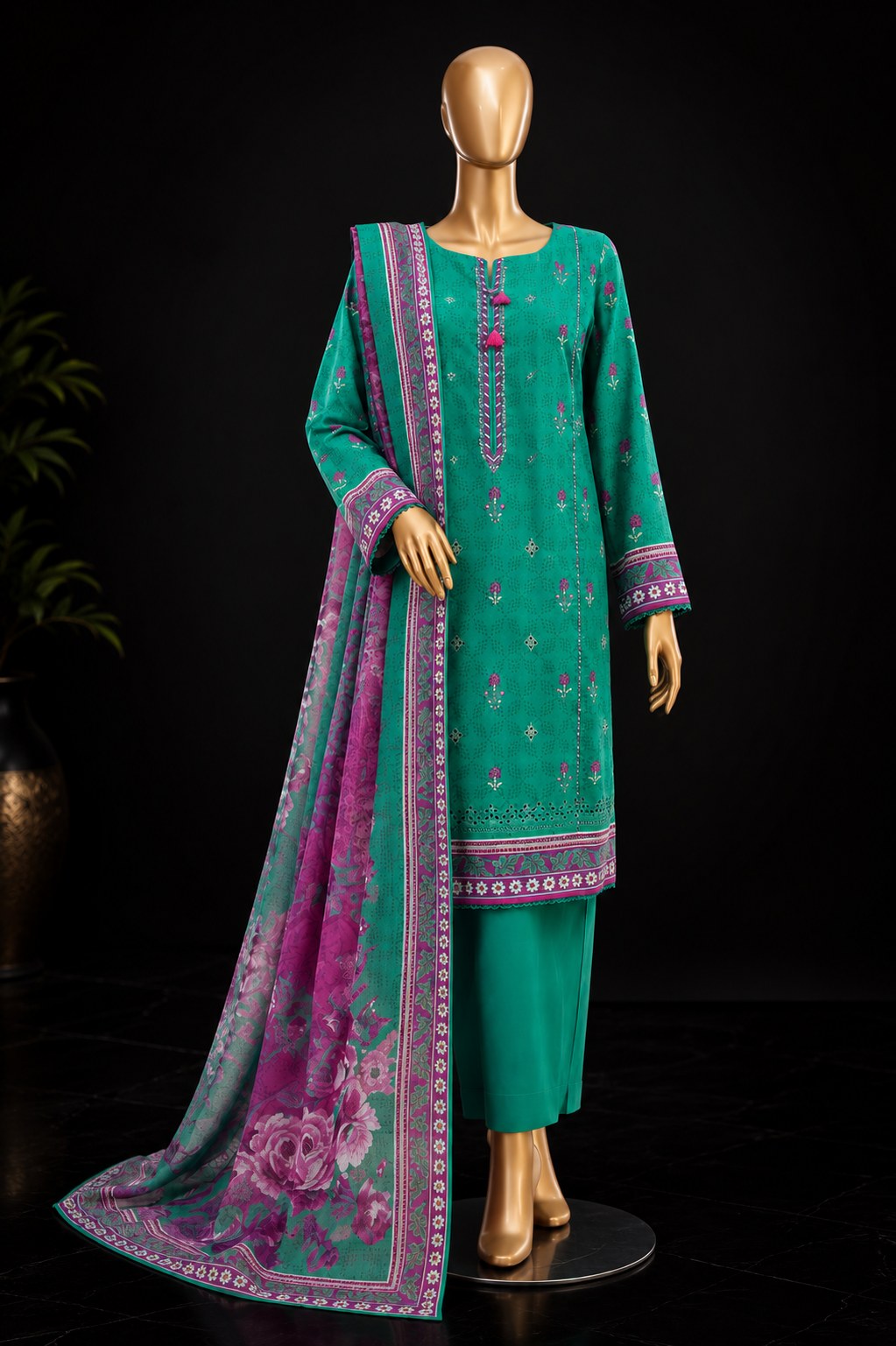 A three-piece green ethnic suit displayed on a mannequin against a black background. The set includes a teal-green kurta with purple and gold embroidery, matching green trousers, and a teal-green dupatta with a purple floral print and border.