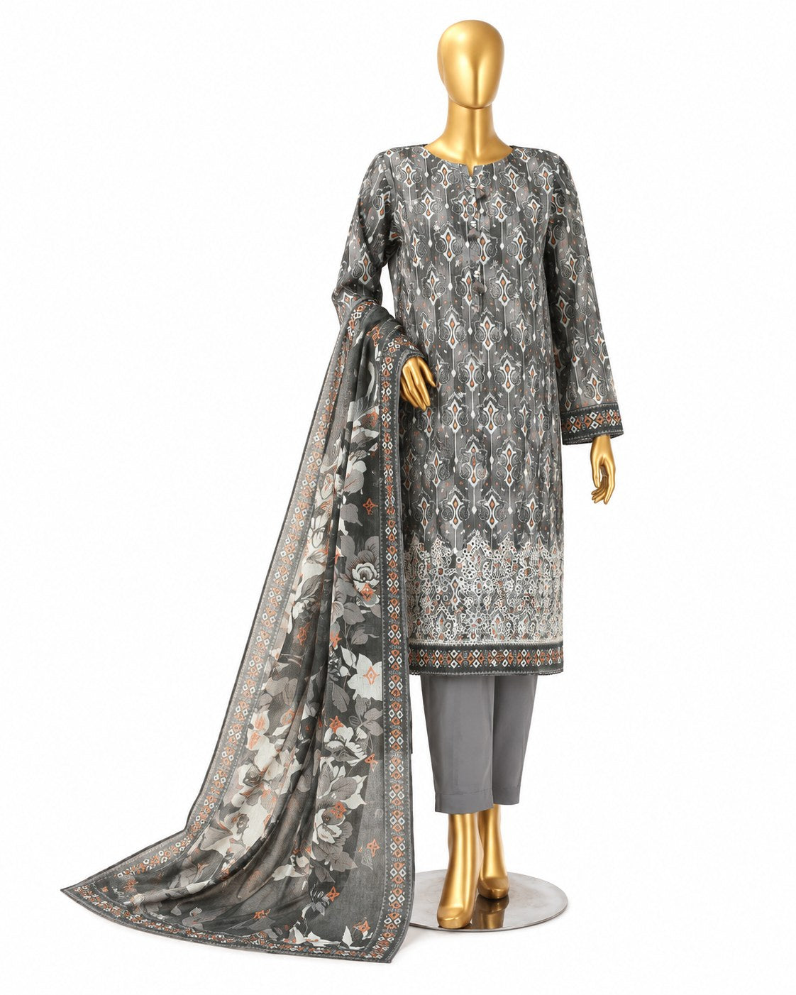 A three-piece men's traditional outfit displayed on a gold mannequin against a white background. The set includes a long-sleeve kurta with a gray base and intricate multicolor geometric patterns, matching gray trousers, and a sheer dupatta with a gray floral print and a patterned border.