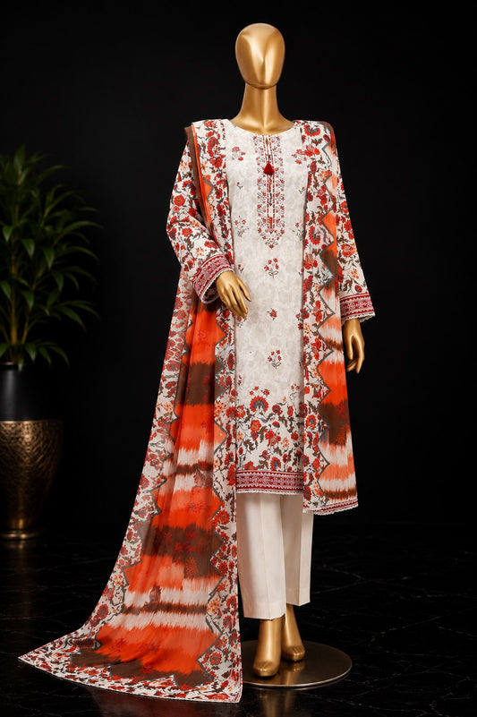 A three-piece women's traditional outfit displayed on a gold mannequin against a black background. The set includes a white embroidered kurta with red and orange floral patterns, white trousers, and a matching printed dupatta with a red, orange, and brown tie-dye gradient.
