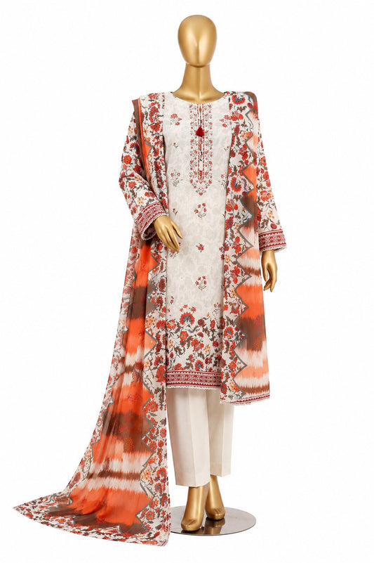 A three-piece women's traditional outfit displayed on a gold mannequin against a white background. The set includes an off-white embroidered kurta with red and orange floral patterns, matching off-white trousers, and a lightweight orange-red patterned dupatta.