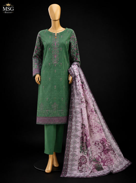 A three-piece men's traditional outfit displayed on a mannequin against a black background. The set includes a green kurta with purple floral embroidery, matching green trousers, and a light purple printed dupatta with a purple border.