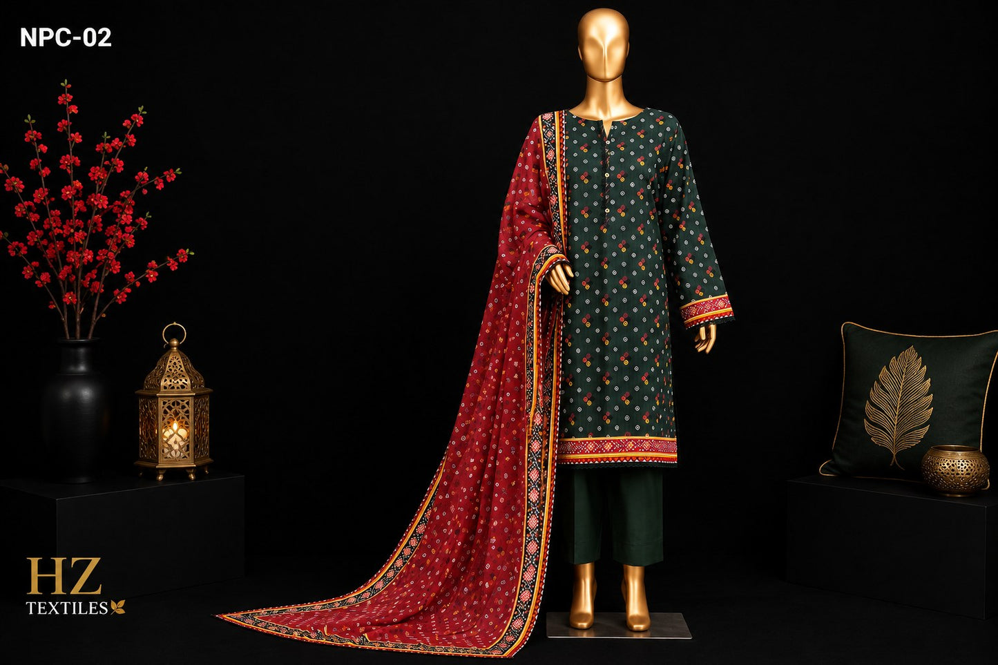 A three-piece men's ethnic suit displayed on a mannequin against a black background. The set includes a dark green kurta with small gold and red floral prints and border detailing, dark green trousers, and a matching red dupatta with gold and red border patterns.