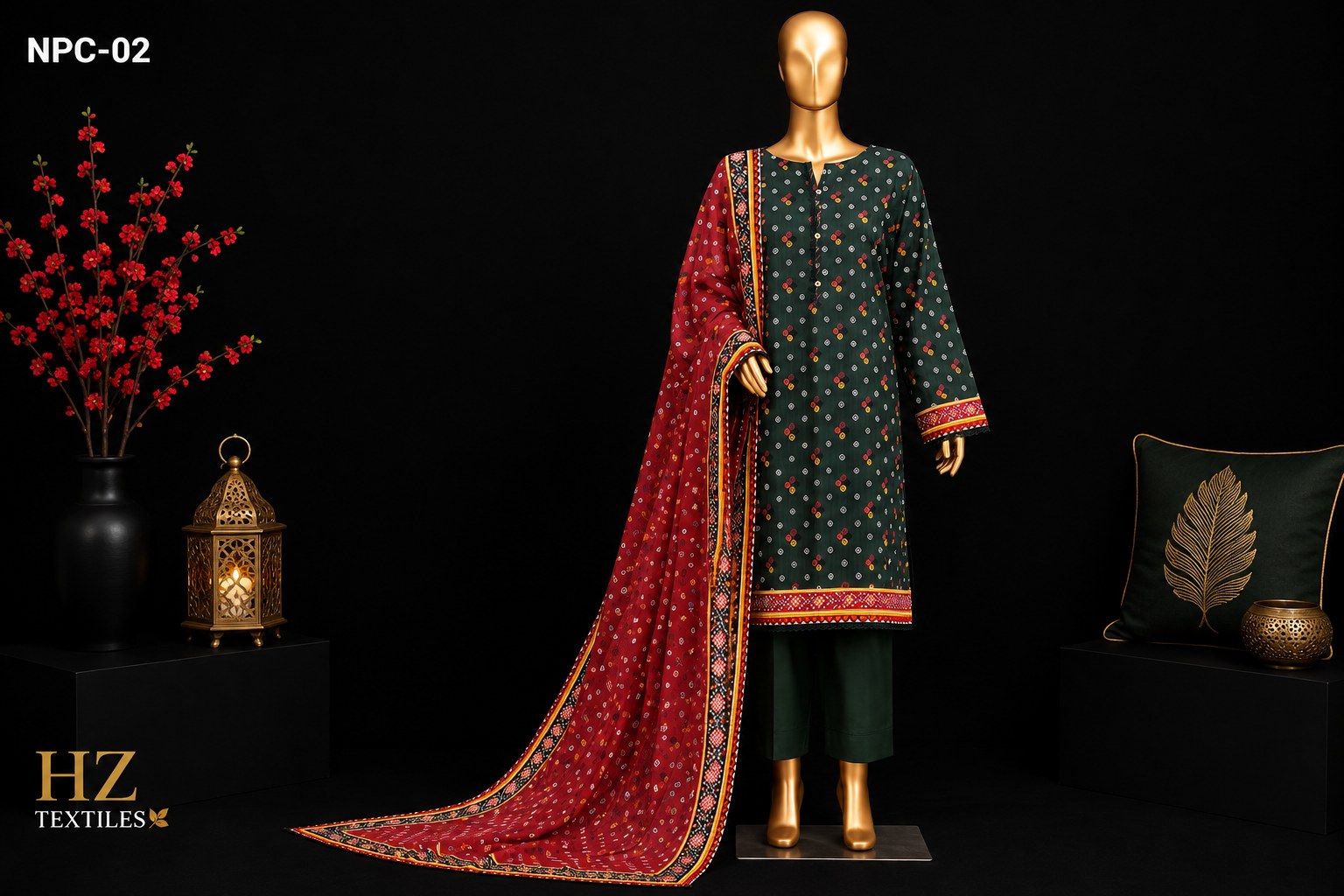A three-piece men's ethnic suit displayed on a mannequin against a black background. The set includes a dark green kurta with small gold and red floral prints and border detailing, dark green trousers, and a matching red dupatta with gold and red border patterns.