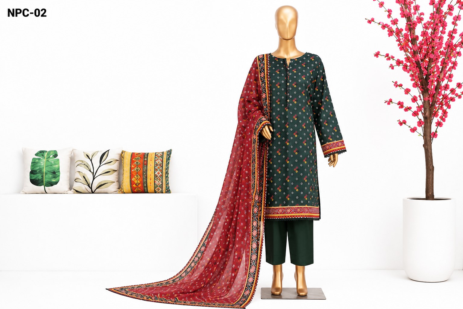 A 3-piece men's traditional outfit displayed on a mannequin, featuring a dark green kurta with gold and red patterns, dark green trousers, and a long red dupatta with gold and green borders. The image is set in a styled studio environment with decorative pillows and a potted plant.