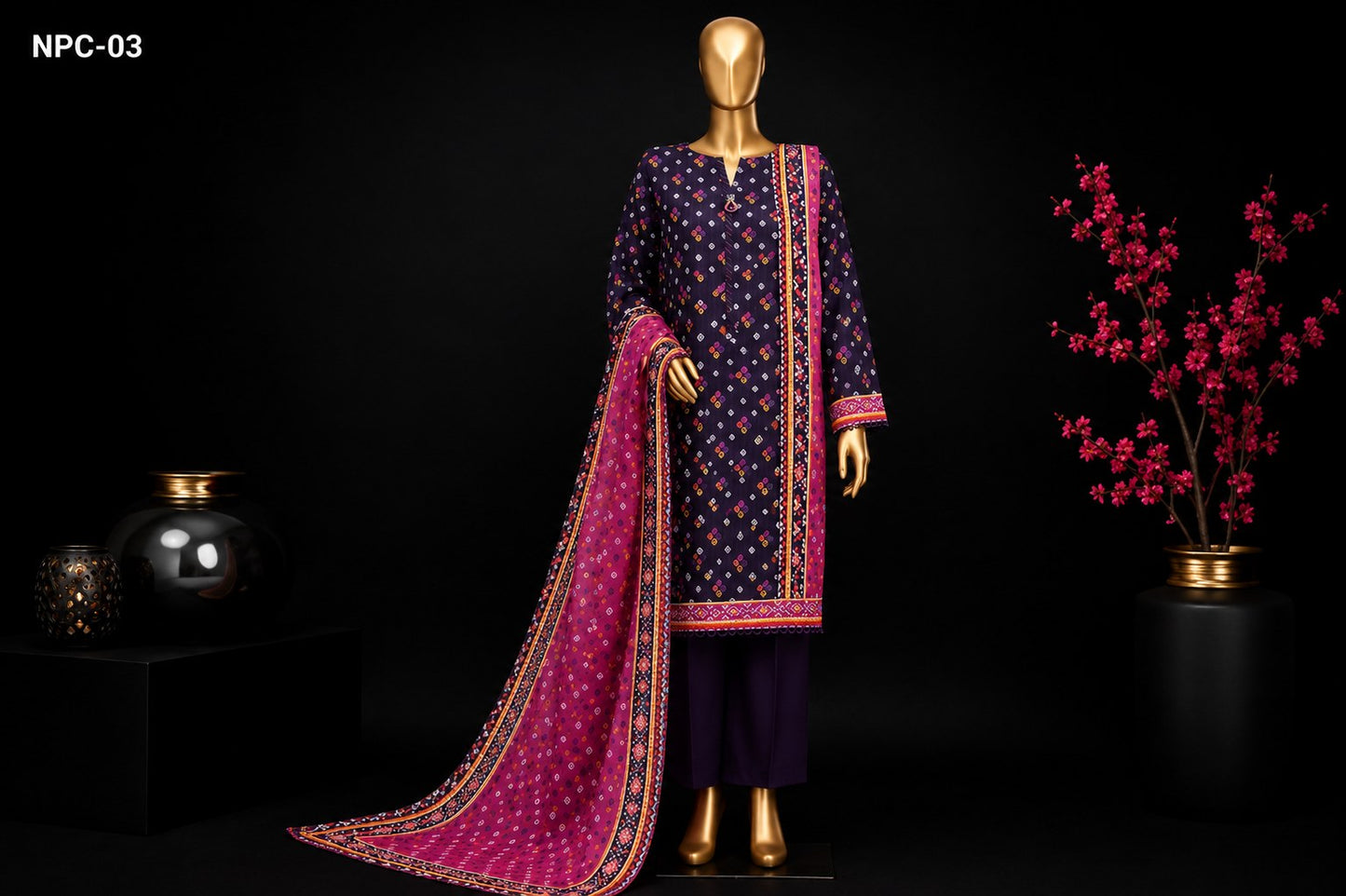 A three-piece men's traditional outfit displayed on a gold mannequin against a black background. The set includes a navy blue kurta with pink and gold floral embroidery, matching navy trousers, and a vibrant magenta dupatta with gold borders and white motifs.