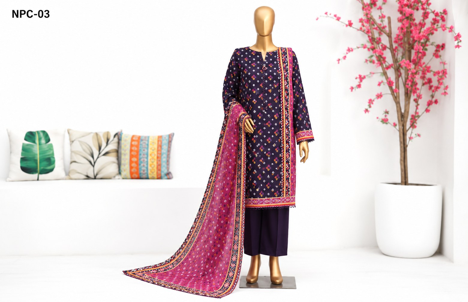 A three-piece women's ethnic suit set displayed on a mannequin in a bright, modern room. The set includes a navy blue kurta with colorful floral prints and gold borders, matching navy pants, and a vibrant magenta dupatta with gold and green patterns.