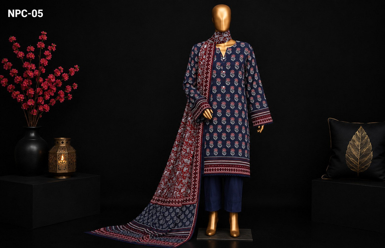 A three-piece Indian ethnic suit set displayed on a gold mannequin against a black background. The set includes a navy blue kurta with red and gold floral prints, matching navy pants, and a coordinating dupatta.