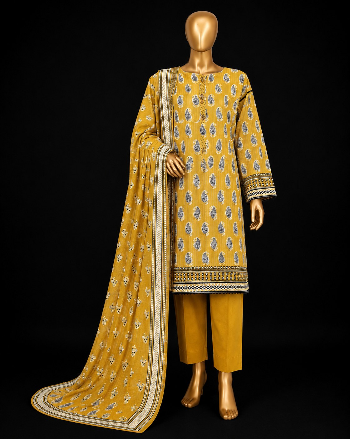 HZ Textiles Nayab Printed Collection 3 Piece Unstitched Suit – NPC-06 | Mustard Yellow