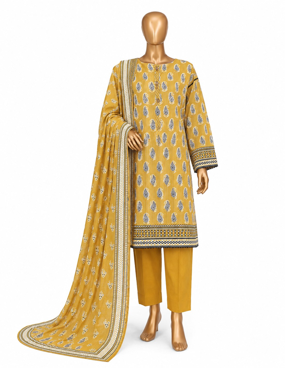 HZ Textiles Nayab Printed Collection 3 Piece Unstitched Suit – NPC-06 | Mustard Yellow