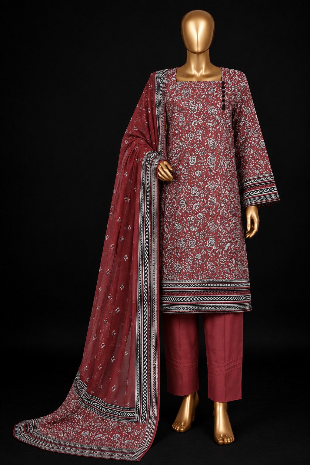 A three-piece traditional outfit displayed on a gold mannequin against a black background. The set includes a dusty rose printed kurta with a geometric border, matching trousers, and a coordinating dupatta.