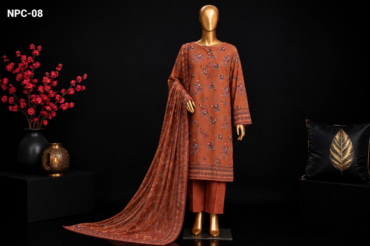 A three-piece men's ethnic suit displayed on a gold mannequin against a black studio background. The set includes a rust-orange kurta with dark floral embroidery, matching rust-orange trousers, and a long rust-orange patterned dupatta.