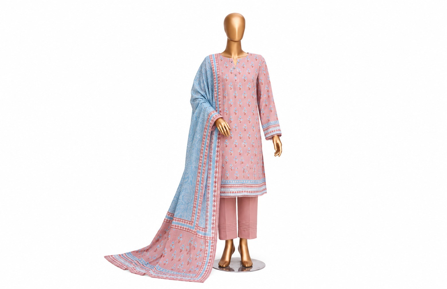 A three-piece men's traditional outfit displayed on a gold mannequin against a white background. The set includes a light pink kurta with small blue floral prints and white border detailing, matching light pink trousers, and a light blue dupatta with a pink and white border.