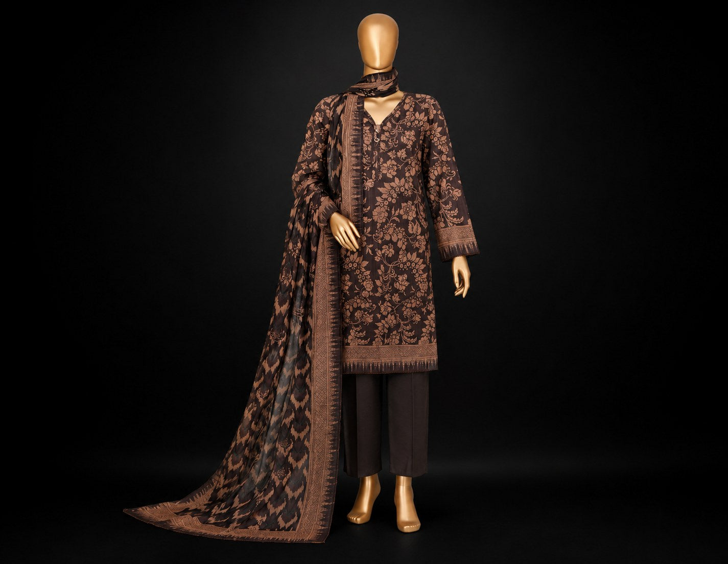 A three-piece traditional outfit displayed on a gold mannequin against a solid black background. The set includes a dark brown printed kurta, dark brown trousers, and a matching dupatta with a brown border.